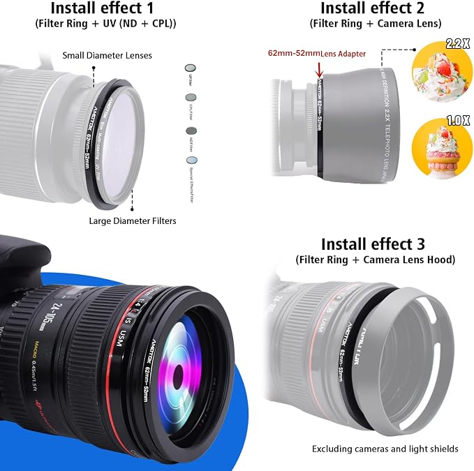 62mm Lens to 52mm Camera Lens Adapter, 62mm to 52mm Filter Step-Down Ring - Image 5