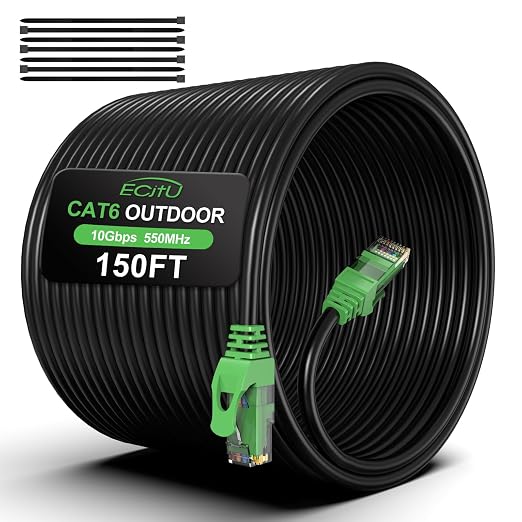 150FT Cat6 Outdoor Ethernet Cable, Heavy Duty Direct Burial, 24AWG CCA Patch by ECJTU-US