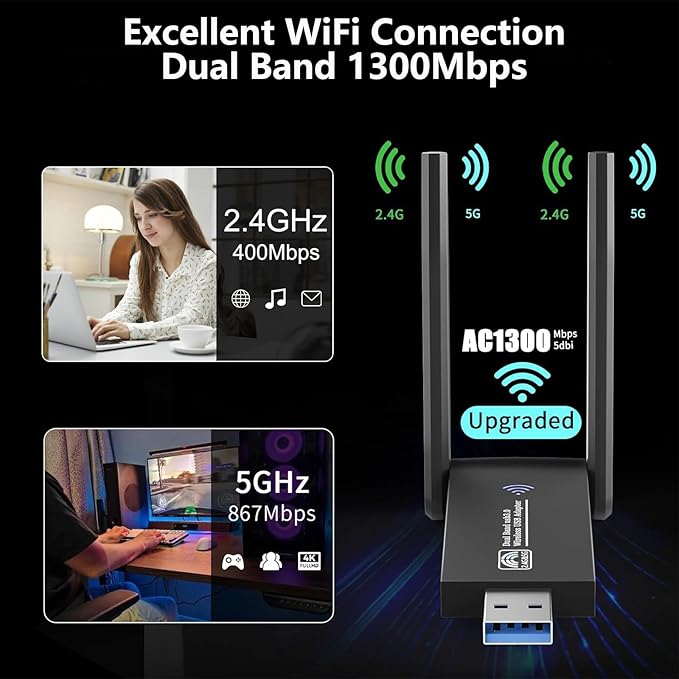 1300Mbps Wireless WiFi Adapter, USB3.0 WiFi Dongle 2.4G/5G 802.11AC Network - Image 2
