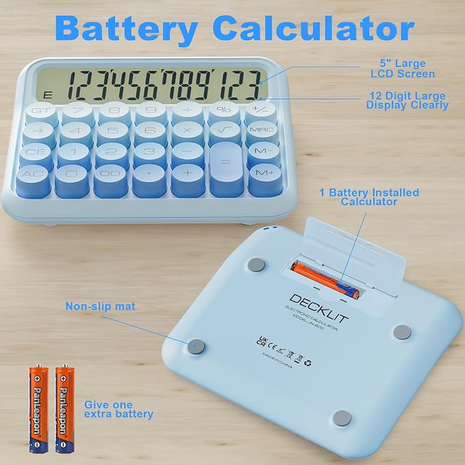 DECKLIT Mechanical Calculator 12 Digit, 5-Inch LCD Display, Battery Desk - Image 3