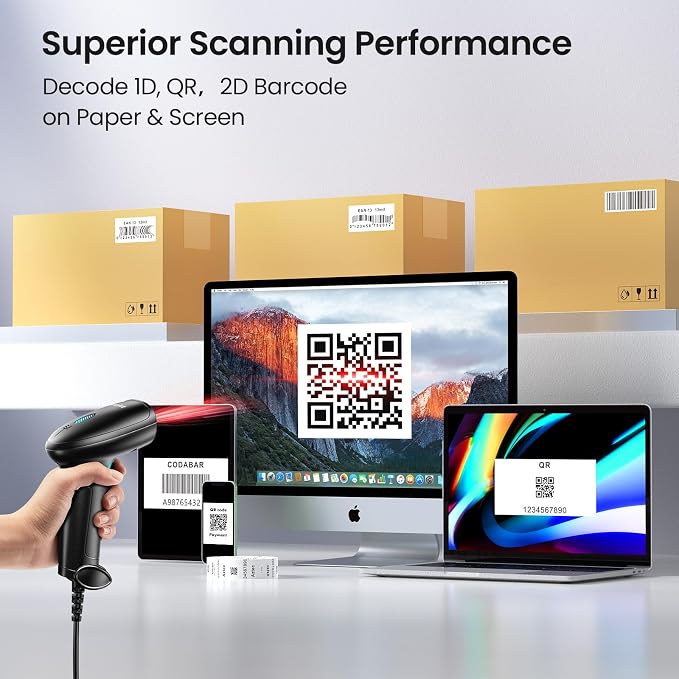 Barcode Scanner with Stand, USB Wired Inventory 2D 1D QR Code Scanner, - Image 3