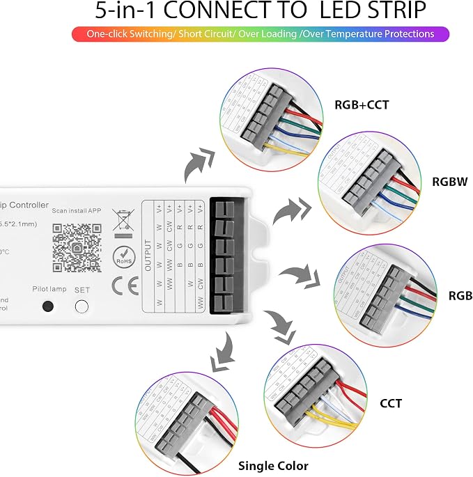 WB5 RF WiFi Bluetooth LED Strip Controller RGB CCT RGBW 5in1 Dimmable Compatible - Image 2