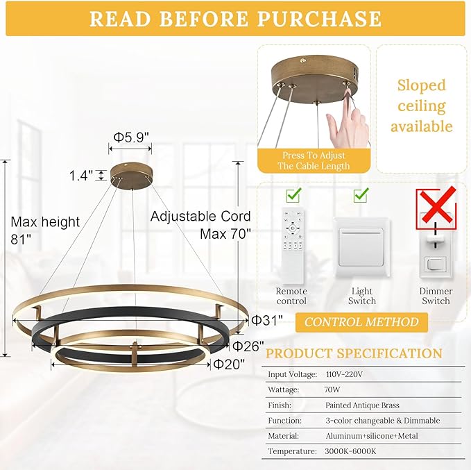 3 Ring LED Chandelier Black Gold Round Chandeliers Light Fixture 31in Dimmable - Image 5