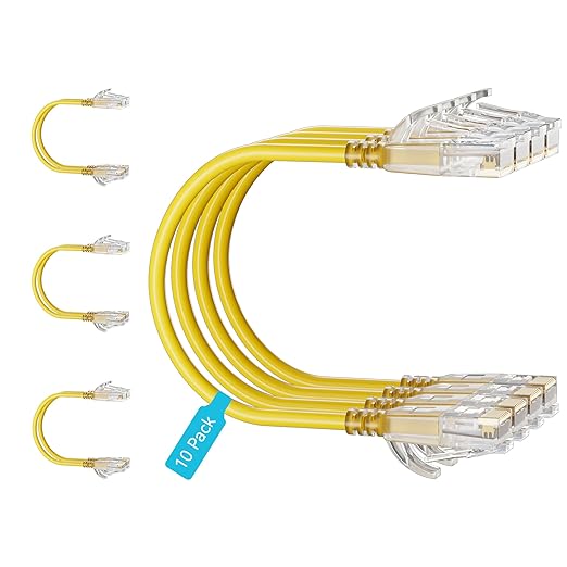 Cat6 Slim Patch Cables 1 Feet 10-Pack Yellow, Cat6a Patch Cables 10Gbps 550MHz by Unknown