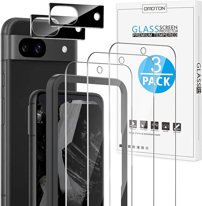 OMOTON 3+2 Pack for Google Pixel 8a Screen Protector, 3 Pack Tempered Glass by OMOTON