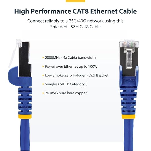 StarTech.com 1ft Blue CAT8 Ethernet Cable, Snagless RJ45, 100W PoE++, 26AWG - Image 2