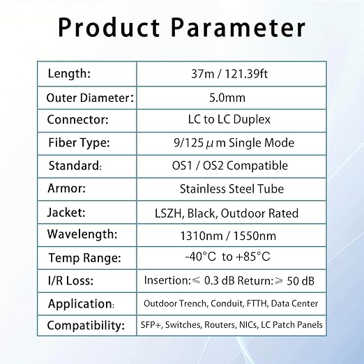 37M/121FT LC to LC Armored Outdoor Fiber Optic Cable, Single Mode Duplex - Image 6