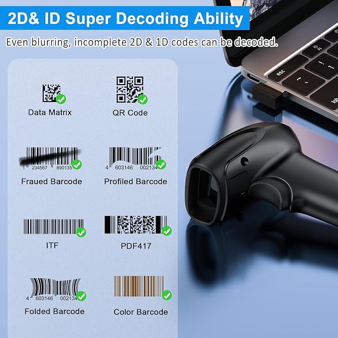Symcode 2D Wireless Barcode Scanner, 1D QR Bar Code Reader Scanner Automatic - Image 5