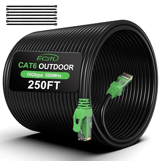 250FT Cat6 Outdoor Ethernet Cable, Heavy Duty Direct Burial, 24AWG CCA Patch by ECJTU-US