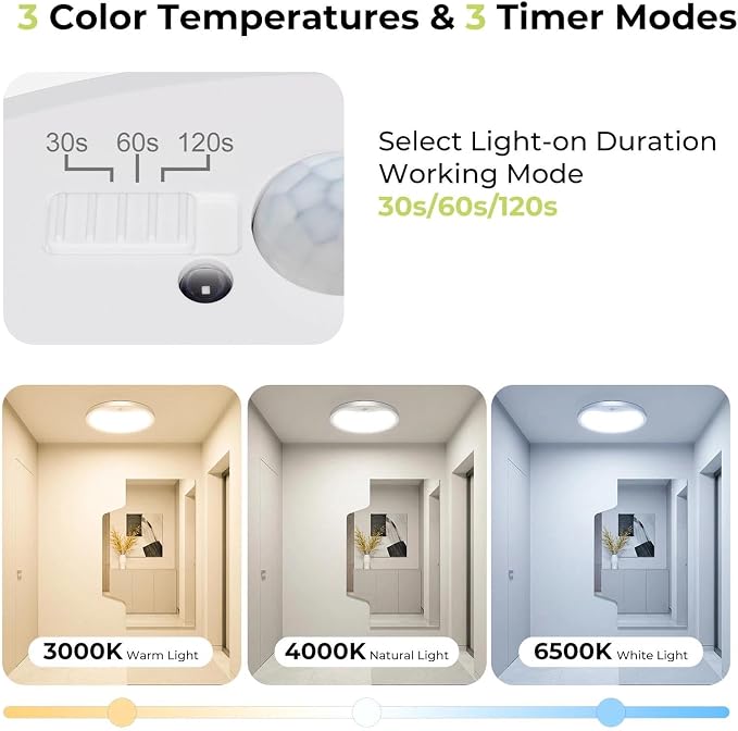 hepside Motion Sensor Ceiling Light Wired, 3000K/4000K/6500K LED Flush Mount - Image 2