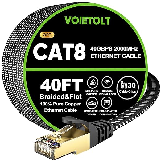 Cat 8 Ethernet Cable 40 FT Flat, High Speed 40Gbps 2000Mhz Braided Internet by EthernetCable