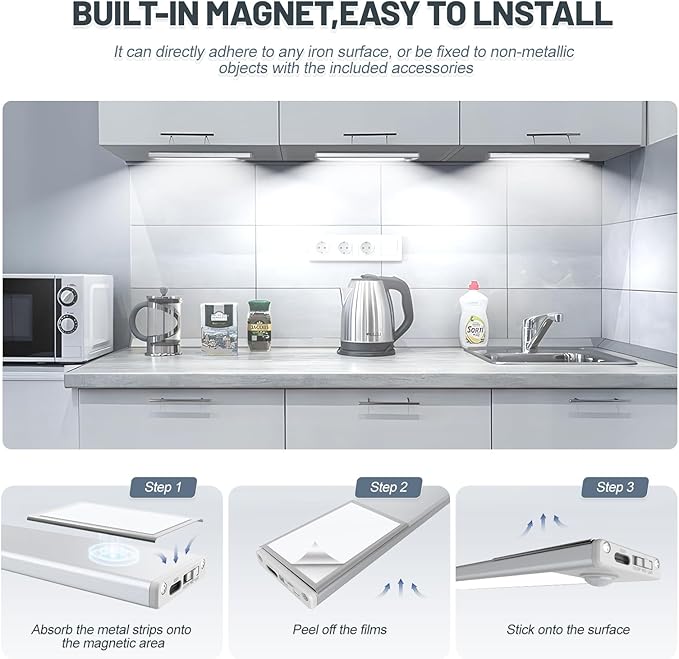 6 Pack Under Cabinet Lighting Wireless, 68 LED Rechargeable Battery Motion - Image 6