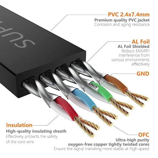 Cat7 20FT-2Pack Ethernet Cable Flat-Black-10Gbps Internet Network Cord - Image 4