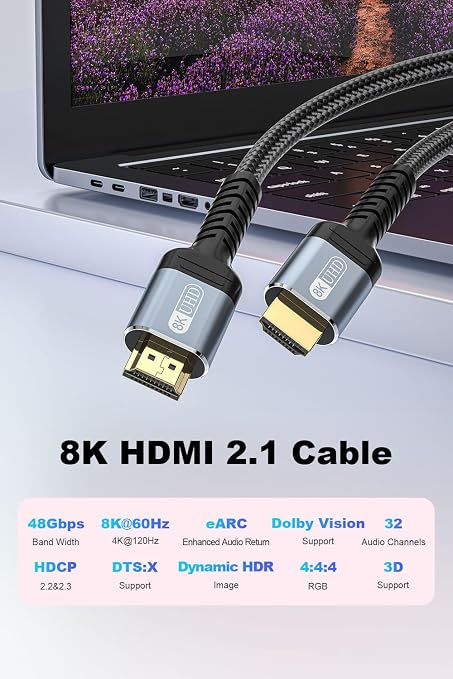 10K 8K 4K HDMI 2.1 Cable 8ft, 48Gbps Ultra High Speed HDMI Cable Braided - Image 2