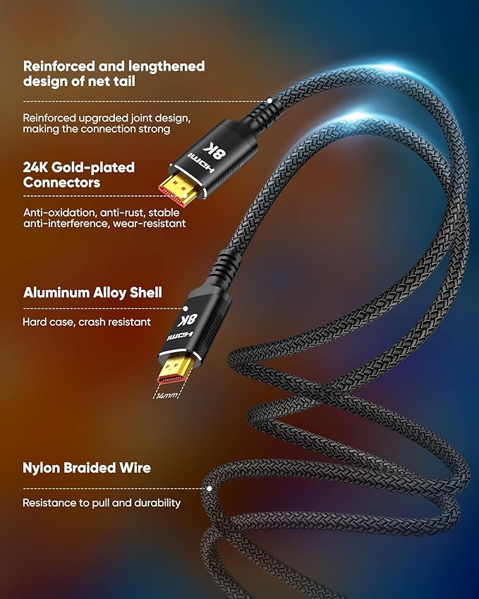 Snowkids 8K Long HDMI Cable 35 ft, Non-Slip Nylon Braided, 48Gbps Ultra - Image 4