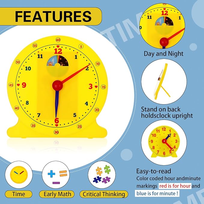 Lenwen 16 Pcs Classroom Clock Kit 24 Hours Learn to Tell Time Teaching Clock Toy - Image 3