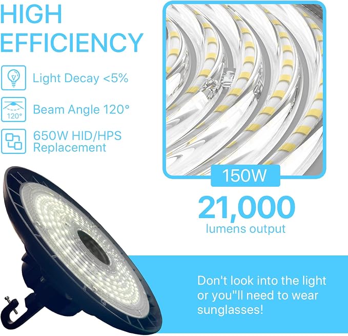 HYPERLITE 150W Smart High Bay LED Shop Lights 10pack, 140LM/W 5000K LED Highbay - Image 4