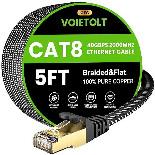 Cat 8 Ethernet Cable 5 FT Flat, High Speed 40Gbps 2000Mhz Braided Internet Cable by EthernetCable