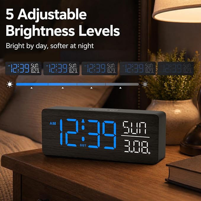 Peakeep Wooden Digital Alarm Clock Large Display, Textured Decoration - Image 4