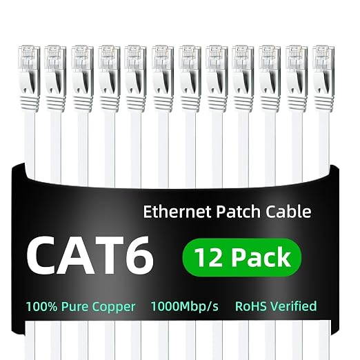 Yauhody CAT 6 Ethernet Cable 7ft 12-Pack White, High Speed Solid Flat CAT6 by Yauhody
