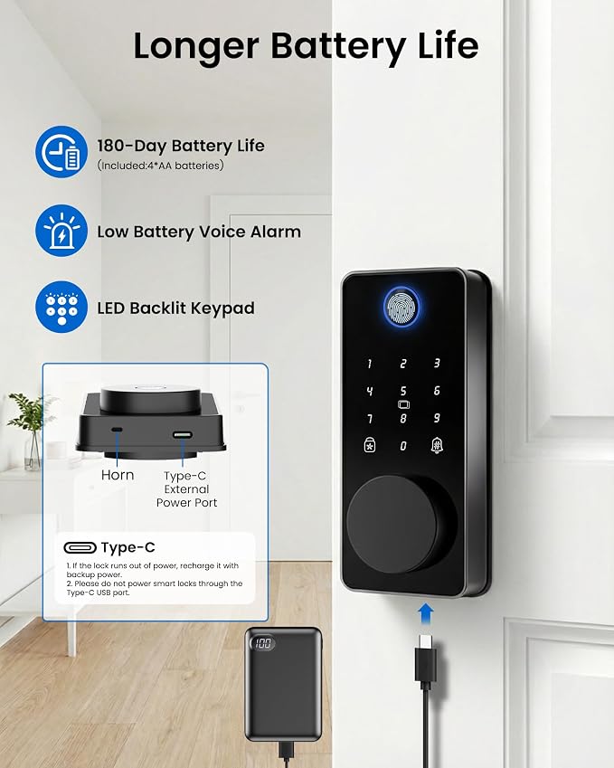 Smart Deadbolt Lock with 2 Handle Set, 5-in-1 Keyless Entry Door Lock with - Image 9