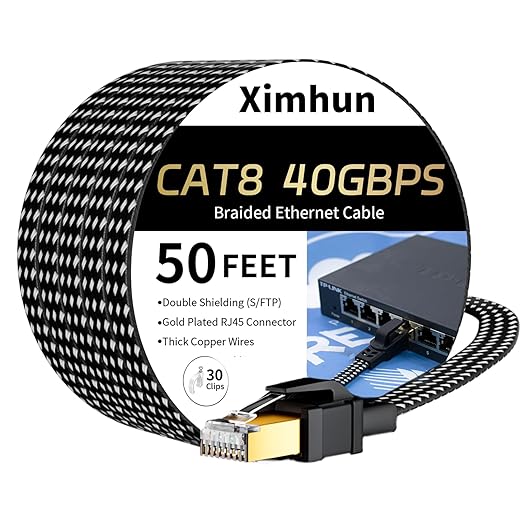 Cat 8 Ethernet Cable 50 FT, High-Speed Braided Internet Cable Network Cord by XimhunEthernetCable