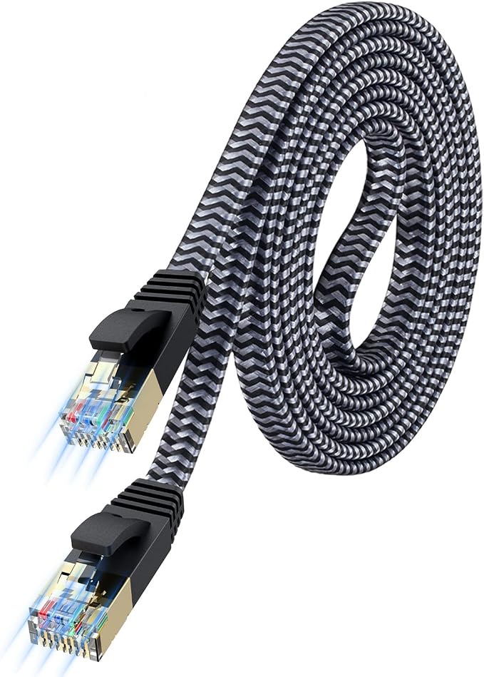 Cat 7 Flat Ethernet Cable 6.6 ft, Nylon Braided STP Shielded, 10Gbps 600MHz by MORELECS