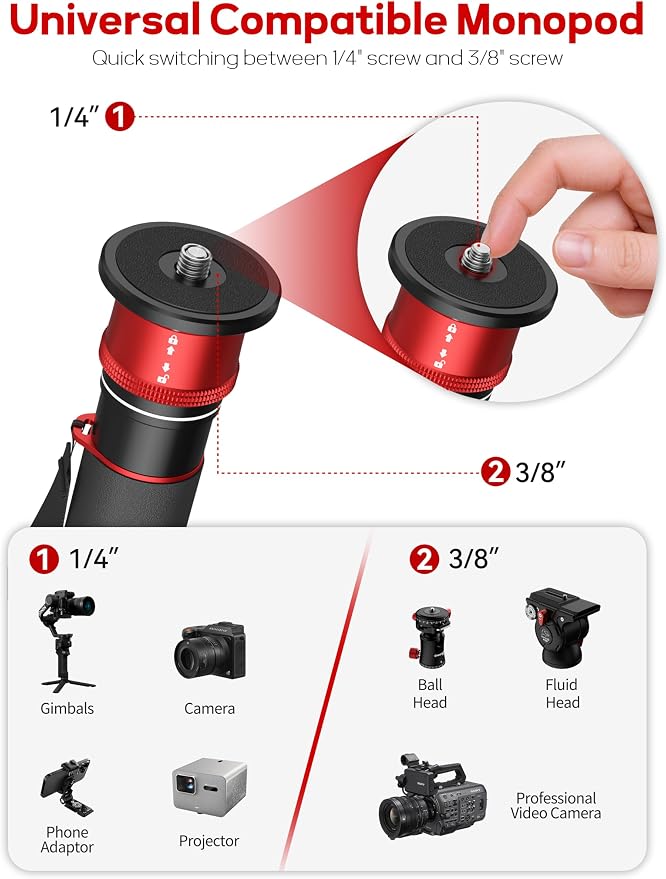 IFOOTAGE Monopod Cobra 3 C180F-P, 1/4'' & 3/8'' Quick Release Compatible - Image 4