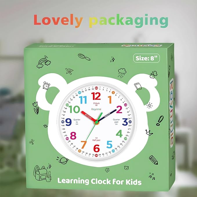 Roymnie Wall Clock for Kids Learning to Tell Time Non Ticking Battery Operated - Image 2