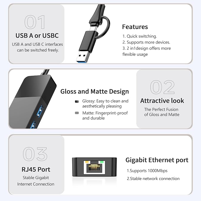 ALL-LUCKY USB to Ethernet Adapter, 4 in 1 USB C to Ethernet Adapter Hub - Image 4
