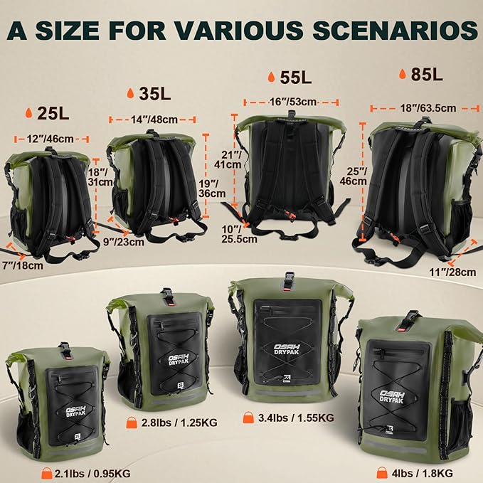 OSAH DRYPAK Waterproof Backpack Dry Bag 25L/35L/55L/85L – Heavy Duty Roll-Top - Image 2