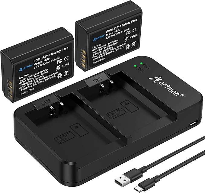 Artman LP-E10 Battery 2-Pack 1600mAh and Rapid Dual LP E10 Battery Charger by Aartman
