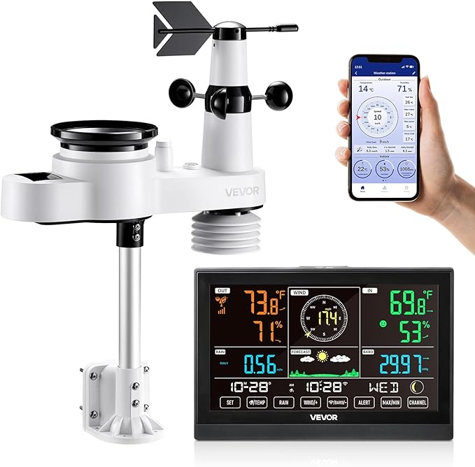 VEVOR 5-in-1 Wi-Fi Weather Station, 7.5-Inch VA Display, Wireless Solar Powered by VEVOR
