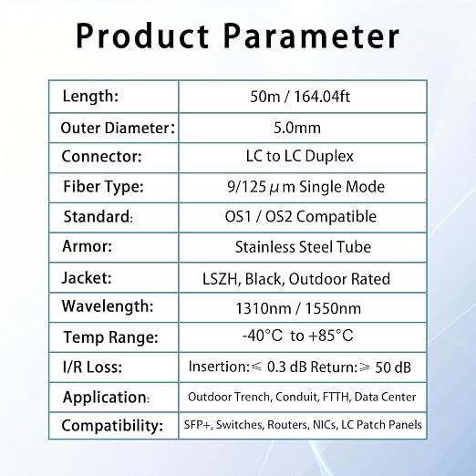 50M/164FT LC to LC Armored Outdoor Fiber Optic Cable, Single Mode Duplex - Image 6