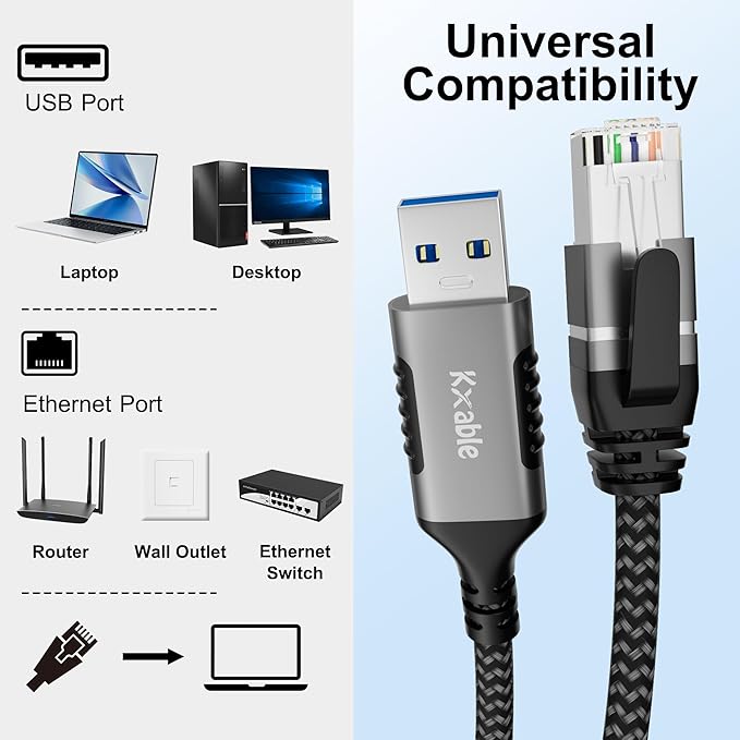 USB to Ethernet Cable 8 FT, 3.0 A Male to RJ45 Male Cord, Directly Connected - Image 6