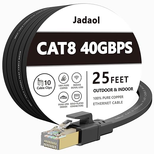 Jadaol Cat 8 Ethernet Cable 25 ft, 40Gbps 2000MHz Flat RJ45 S/FTP LAN Patch by Jadaol