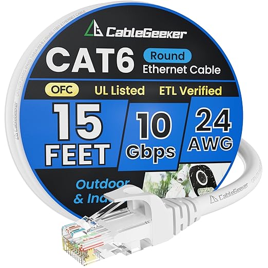 Cat 6 Ethernet Cable 15 ft, Indoor&Outdoor, High Speed 10Gbps 24AWG Pure Copper by CableGeeker
