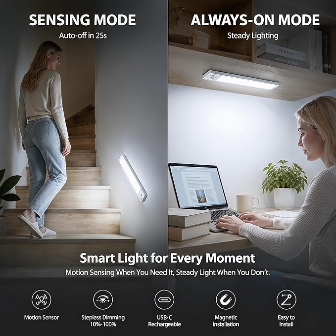 Under Cabinet Lighting: 12 Inch 3-Color Dimmable Rechargeable Motion Sensor - Image 6