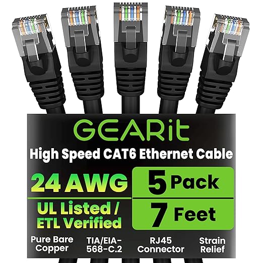 GEARit Cat 6 Ethernet Patch Cable 7 ft Black Cat6 Patch Cables 7ft by GEARit