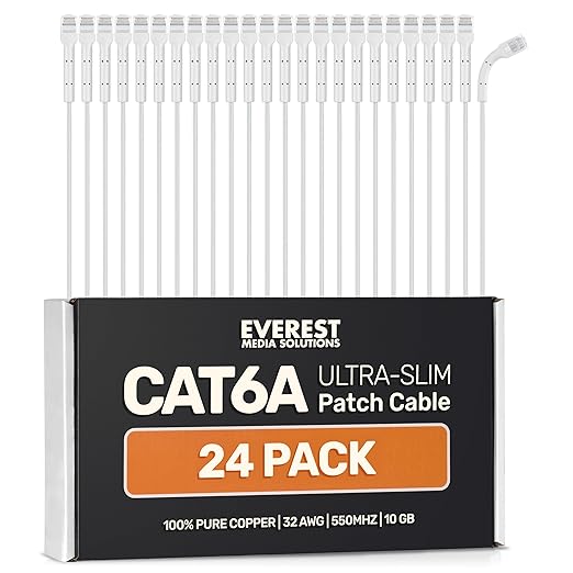 Everest Ultra Slim Cat6a Ethernet Patch Cables 0.5ft White by EverestMediaSolutions