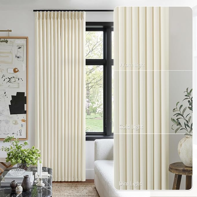 Cream Beige Pinch Pleated Linen Curtains 108 Inch 4 Panels Set - Image 2