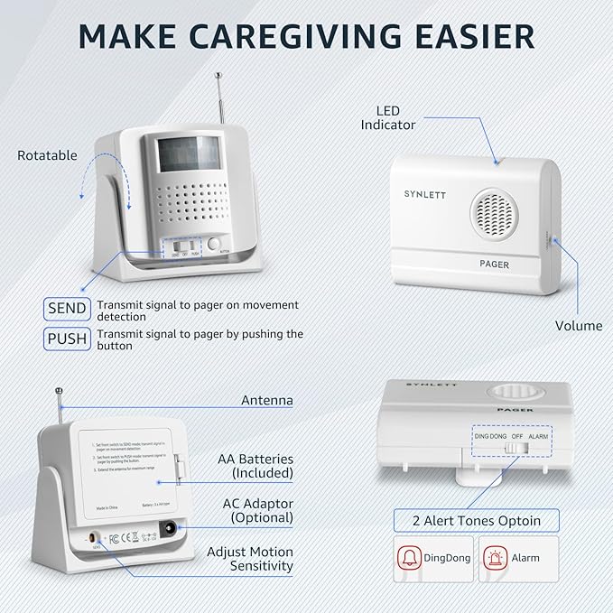 Bed Alarm Caregiver Pager with 2 Wireless Motion Sensors Alarm Indoor Fall - Image 7