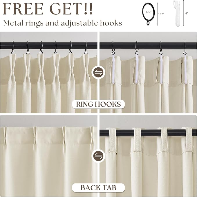 Cream Beige Pinch Pleated Linen Curtains 84 Inch 4 Panels Set - Image 5
