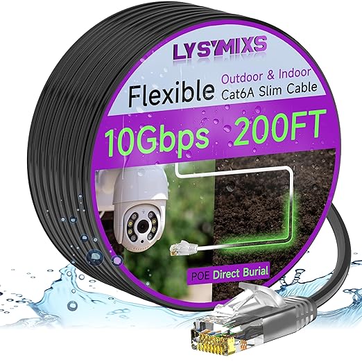 Cat6a Slim Ethernet Patch Cable 200ft Outdoor & Indoor, Flexible 10G Cat6 by Lysymixs
