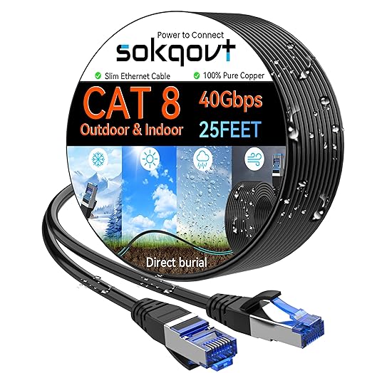 Sokqovt Cat 8 Ethernet Cable Slim 25ft Outdoor&Indoor, Pure Copper Cat8 by Unknown