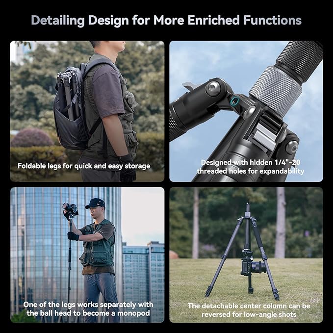 SmallRig AP-20 Carbon Fiber Tripod, 62.2" Camera Tripod Monopod - Image 3