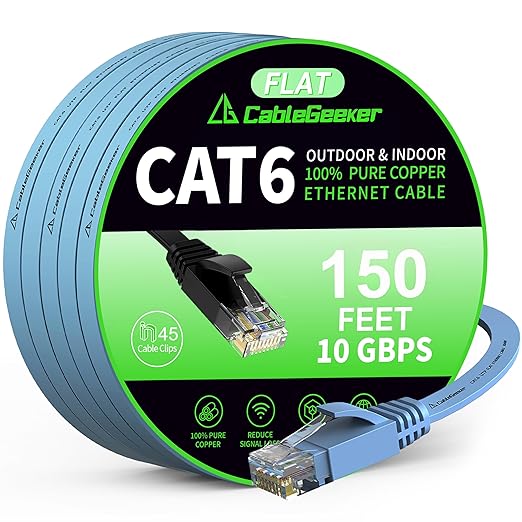 Cat 6 Ethernet Cable 150 ft, Indoor&Outdoor, High Speed 10Gbps Flat Internet by CableGeeker