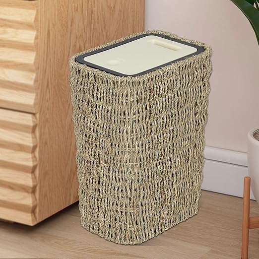 Trongee Boho Trash Can with Lid, 3 Gallon Small Rattan Trash Can with Press Top by Trongee