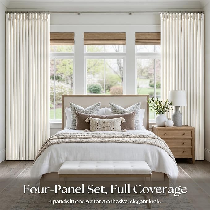 Pinch Pleated Thick Linen Curtains 96 Inch 4 Panels Set Ivory Cream Memory - Image 6