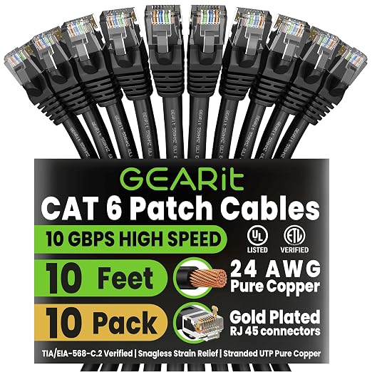 GEARit Cat 6 Ethernet Patch Cable 10 ft Black Cat6 Patch Cables 10ft by GEARit